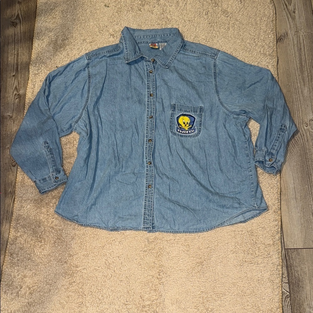 Looney Tunes Tweety Bird Button Down Denim Long Sleeve Shirt